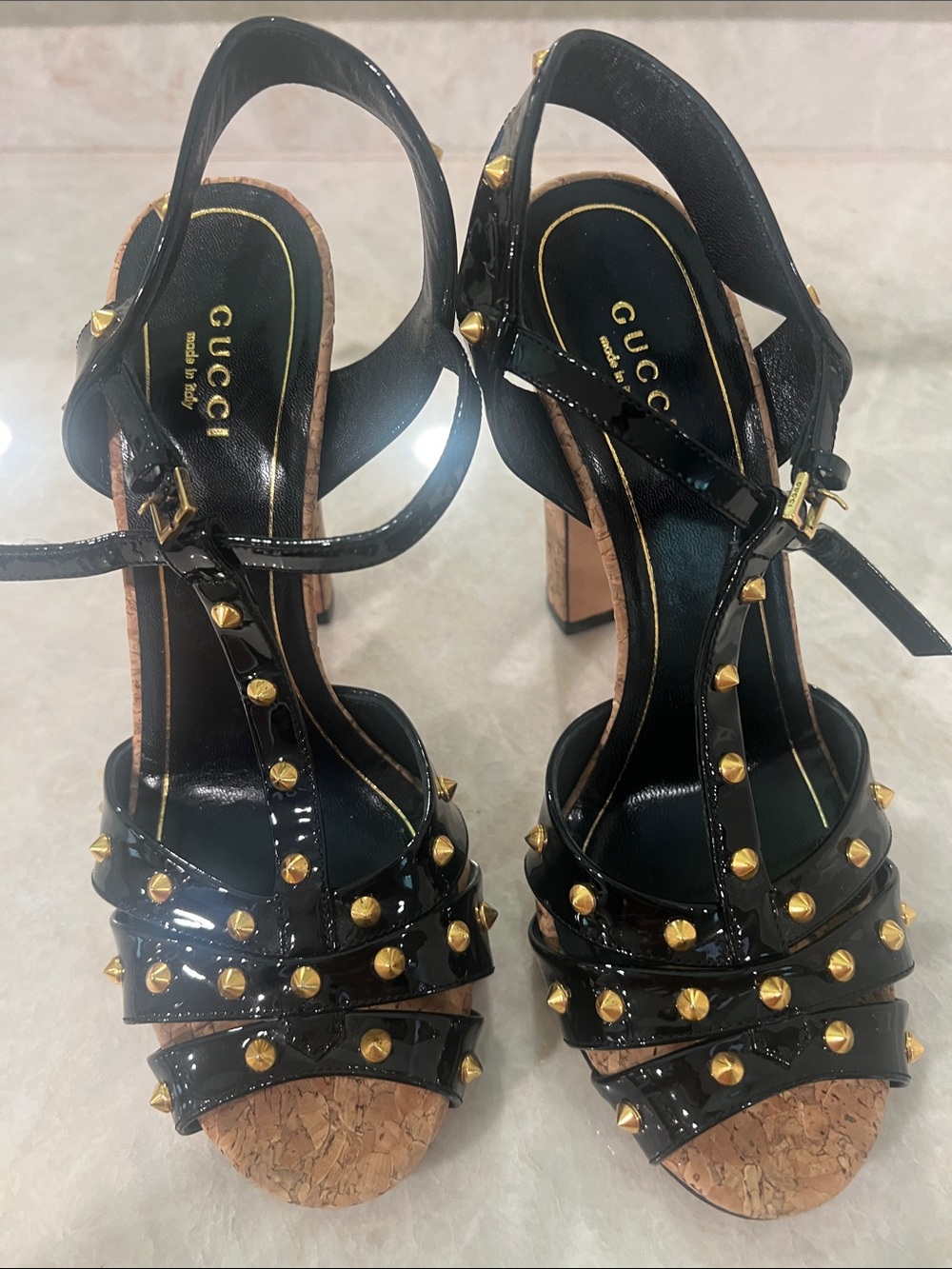 Gucci Black Patent Leather Studded Cork Block Heel Sandals with Gold Accents